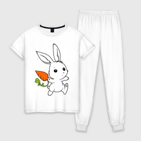 Женская пижама хлопок с принтом Зайка с морковкой в Белгороде, 100% хлопок | брюки и футболка прямого кроя, без карманов, на брюках мягкая резинка на поясе и по низу штанин | белый | зайка | заяц | кролик | милый | морковь