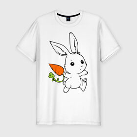 Мужская футболка премиум с принтом Зайка с морковкой в Белгороде, 92% хлопок, 8% лайкра | приталенный силуэт, круглый вырез ворота, длина до линии бедра, короткий рукав | Тематика изображения на принте: белый | зайка | заяц | кролик | милый | морковь