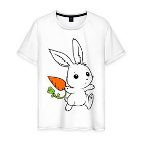 Мужская футболка хлопок с принтом Зайка с морковкой в Белгороде, 100% хлопок | прямой крой, круглый вырез горловины, длина до линии бедер, слегка спущенное плечо. | белый | зайка | заяц | кролик | милый | морковь