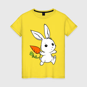 Женская футболка хлопок с принтом Зайка с морковкой в Белгороде, 100% хлопок | прямой крой, круглый вырез горловины, длина до линии бедер, слегка спущенное плечо | Тематика изображения на принте: белый | зайка | заяц | кролик | милый | морковь