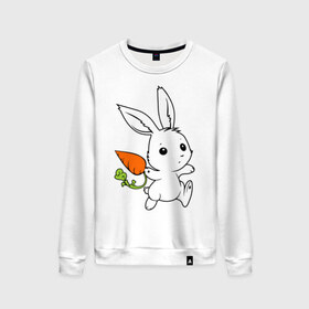 Женский свитшот хлопок с принтом Зайка с морковкой в Белгороде, 100% хлопок | прямой крой, круглый вырез, на манжетах и по низу широкая трикотажная резинка  | белый | зайка | заяц | кролик | милый | морковь