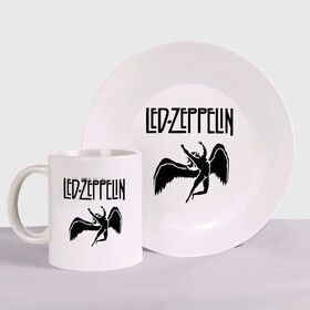 Набор: тарелка + кружка с принтом Led Zeppelin в Белгороде, керамика | Кружка: объем — 330 мл, диаметр — 80 мм. Принт наносится на бока кружки, можно сделать два разных изображения. 
Тарелка: диаметр - 210 мм, диаметр для нанесения принта - 120 мм. | Тематика изображения на принте: led zeppelin