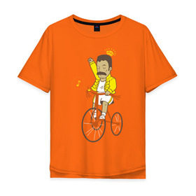 Мужская футболка хлопок Oversize с принтом Фредди на велосипеде в Белгороде, 100% хлопок | свободный крой, круглый ворот, “спинка” длиннее передней части | queen | велосипед | меломанам | музыка | прикол | рок | фрэдди меркьюри