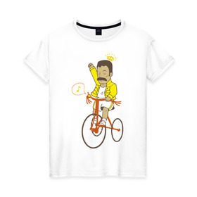 Женская футболка хлопок с принтом Фредди на велосипеде в Белгороде, 100% хлопок | прямой крой, круглый вырез горловины, длина до линии бедер, слегка спущенное плечо | queen | велосипед | меломанам | музыка | прикол | рок | фрэдди меркьюри