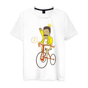 Мужская футболка хлопок с принтом Фредди на велосипеде в Белгороде, 100% хлопок | прямой крой, круглый вырез горловины, длина до линии бедер, слегка спущенное плечо. | Тематика изображения на принте: queen | велосипед | меломанам | музыка | прикол | рок | фрэдди меркьюри