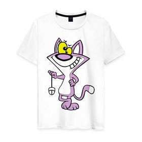 Мужская футболка хлопок с принтом Кот с мышкой в Белгороде, 100% хлопок | прямой крой, круглый вырез горловины, длина до линии бедер, слегка спущенное плечо. | животное мурка | кот с мышкой | котик | котяра | мышка