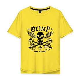 Мужская футболка хлопок Oversize с принтом Olimp live&fight в Белгороде, 100% хлопок | свободный крой, круглый ворот, “спинка” длиннее передней части | olimp | гантели | кости | спорт | черепа