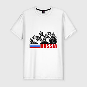 Мужская футболка премиум с принтом Россия в Белгороде, 92% хлопок, 8% лайкра | приталенный силуэт, круглый вырез ворота, длина до линии бедра, короткий рукав | герб | орел | патриот | россия | рф | триколор | флаг