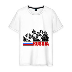 Мужская футболка хлопок с принтом Россия в Белгороде, 100% хлопок | прямой крой, круглый вырез горловины, длина до линии бедер, слегка спущенное плечо. | Тематика изображения на принте: герб | орел | патриот | россия | рф | триколор | флаг