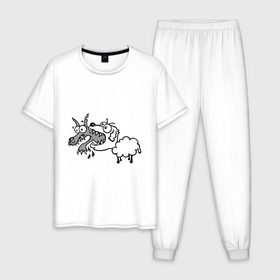 Мужская пижама хлопок с принтом Волк и овечка в Белгороде, 100% хлопок | брюки и футболка прямого кроя, без карманов, на брюках мягкая резинка на поясе и по низу штанин
 | Тематика изображения на принте: баран | внезапно | волк | ловушка | овечка | овца