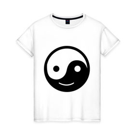 Женская футболка хлопок с принтом Веселый Инь Янь в Белгороде, 100% хлопок | прямой крой, круглый вырез горловины, длина до линии бедер, слегка спущенное плечо | веселый | инь | китай | смайл | улыбка | философия | ян | янь