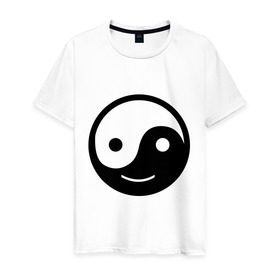Мужская футболка хлопок с принтом Веселый Инь Янь в Белгороде, 100% хлопок | прямой крой, круглый вырез горловины, длина до линии бедер, слегка спущенное плечо. | веселый | инь | китай | смайл | улыбка | философия | ян | янь