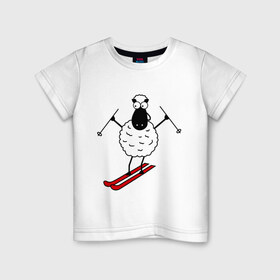 Детская футболка хлопок с принтом Овечка на лыжах в Белгороде, 100% хлопок | круглый вырез горловины, полуприлегающий силуэт, длина до линии бедер | баран | год | гороскоп | зима | китайский | лыжи | новый год | овен | овца | снег
