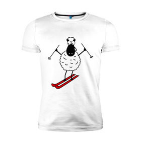 Мужская футболка премиум с принтом Овечка на лыжах в Белгороде, 92% хлопок, 8% лайкра | приталенный силуэт, круглый вырез ворота, длина до линии бедра, короткий рукав | баран | год | гороскоп | зима | китайский | лыжи | новый год | овен | овца | снег