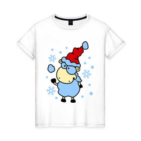 Женская футболка хлопок с принтом Барашек и снежок в Белгороде, 100% хлопок | прямой крой, круглый вырез горловины, длина до линии бедер, слегка спущенное плечо | барашек | зима | игра | новый год | овечка | овца | снег | снежки | снежок | шапка