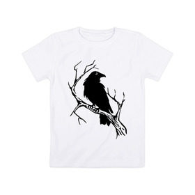 Детская футболка хлопок с принтом Ворон в Белгороде, 100% хлопок | круглый вырез горловины, полуприлегающий силуэт, длина до линии бедер | ветка | ворон | дерево | птица | сук