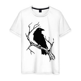 Мужская футболка хлопок с принтом Ворон в Белгороде, 100% хлопок | прямой крой, круглый вырез горловины, длина до линии бедер, слегка спущенное плечо. | ветка | ворон | дерево | птица | сук