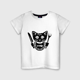 Детская футболка хлопок с принтом Кот хочет кушать в Белгороде, 100% хлопок | круглый вырез горловины, полуприлегающий силуэт, длина до линии бедер | вилка | голод | голодный | кот | котенок | кошка | нож | салфетка