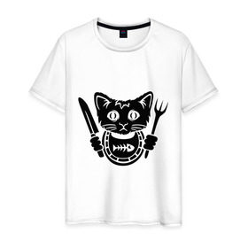 Мужская футболка хлопок с принтом Кот хочет кушать в Белгороде, 100% хлопок | прямой крой, круглый вырез горловины, длина до линии бедер, слегка спущенное плечо. | вилка | голод | голодный | кот | котенок | кошка | нож | салфетка