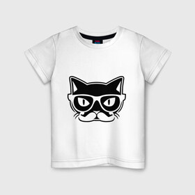 Детская футболка хлопок с принтом Учёный кот в Белгороде, 100% хлопок | круглый вырез горловины, полуприлегающий силуэт, длина до линии бедер | голова | кот | очки | усы | ученый | хипстер