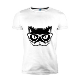 Мужская футболка премиум с принтом Учёный кот в Белгороде, 92% хлопок, 8% лайкра | приталенный силуэт, круглый вырез ворота, длина до линии бедра, короткий рукав | Тематика изображения на принте: голова | кот | очки | усы | ученый | хипстер