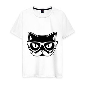 Мужская футболка хлопок с принтом Учёный кот в Белгороде, 100% хлопок | прямой крой, круглый вырез горловины, длина до линии бедер, слегка спущенное плечо. | Тематика изображения на принте: голова | кот | очки | усы | ученый | хипстер