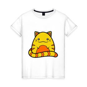 Женская футболка хлопок с принтом Довольный котик в Белгороде, 100% хлопок | прямой крой, круглый вырез горловины, длина до линии бедер, слегка спущенное плечо | довольный | кот | котенок | кошка | круглый | милый | яйцо