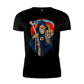 Мужская футболка премиум с принтом Смерть с косой в Белгороде, 92% хлопок, 8% лайкра | приталенный силуэт, круглый вырез ворота, длина до линии бедра, короткий рукав | скелет