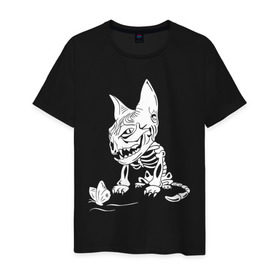Мужская футболка хлопок с принтом Скелет кота в Белгороде, 100% хлопок | прямой крой, круглый вырез горловины, длина до линии бедер, слегка спущенное плечо. | бабочка | скелет