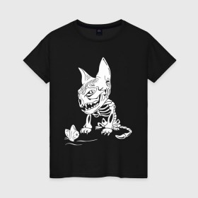 Женская футболка хлопок с принтом Скелет кота в Белгороде, 100% хлопок | прямой крой, круглый вырез горловины, длина до линии бедер, слегка спущенное плечо | бабочка | скелет