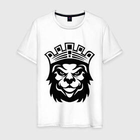 Мужская футболка хлопок с принтом Лев с короной в Белгороде, 100% хлопок | прямой крой, круглый вырез горловины, длина до линии бедер, слегка спущенное плечо. | король | корона | лев | царь | царь зверей