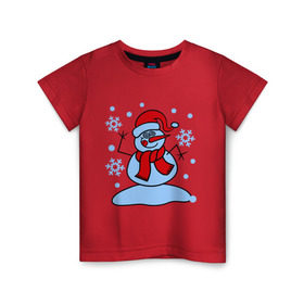 Детская футболка хлопок с принтом Забавный снеговик в Белгороде, 100% хлопок | круглый вырез горловины, полуприлегающий силуэт, длина до линии бедер | забавный | милый | новый год | снег | снеговик | шапка