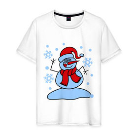 Мужская футболка хлопок с принтом Забавный снеговик в Белгороде, 100% хлопок | прямой крой, круглый вырез горловины, длина до линии бедер, слегка спущенное плечо. | забавный | милый | новый год | снег | снеговик | шапка