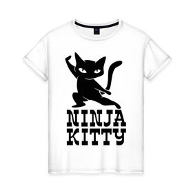 Женская футболка хлопок с принтом Ninja kitty в Белгороде, 100% хлопок | прямой крой, круглый вырез горловины, длина до линии бедер, слегка спущенное плечо | cat | kitty | ninja | киса | кот | котенок | кошка | ниндзя | нинзя