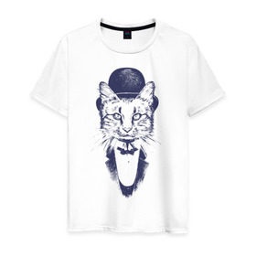 Мужская футболка хлопок с принтом Стильный кот в Белгороде, 100% хлопок | прямой крой, круглый вырез горловины, длина до линии бедер, слегка спущенное плечо. | джентльмен | киса | кот | котелок | кошка | манишка | стиль | фрак
