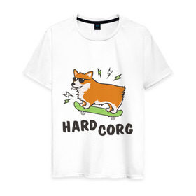 Мужская футболка хлопок с принтом Hardcorg в Белгороде, 100% хлопок | прямой крой, круглый вырез горловины, длина до линии бедер, слегка спущенное плечо. | hardcorg | корги | очки | пес | скейт | собаки