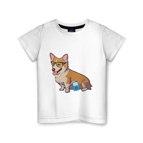 Детская футболка хлопок с принтом Хипстер Корги в Белгороде, 100% хлопок | круглый вырез горловины, полуприлегающий силуэт, длина до линии бедер | корги | милота | модник | очки | пес | плеер | собаки | хипстер