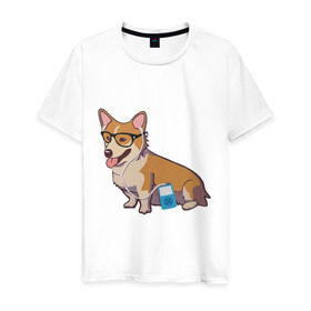 Мужская футболка хлопок с принтом Хипстер Корги в Белгороде, 100% хлопок | прямой крой, круглый вырез горловины, длина до линии бедер, слегка спущенное плечо. | корги | милота | модник | очки | пес | плеер | собаки | хипстер
