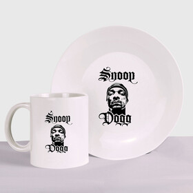 Набор: тарелка + кружка с принтом Snoop Dogg в Белгороде, керамика | Кружка: объем — 330 мл, диаметр — 80 мм. Принт наносится на бока кружки, можно сделать два разных изображения. 
Тарелка: диаметр - 210 мм, диаметр для нанесения принта - 120 мм. | rap | snoop dogg | музыка | рэп | снуп дог