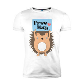 Мужская футболка премиум с принтом Ежик бесплатные обнимашки в Белгороде, 92% хлопок, 8% лайкра | приталенный силуэт, круглый вырез ворота, длина до линии бедра, короткий рукав | Тематика изображения на принте: free hugs | бесплатно | еж | обнимашки