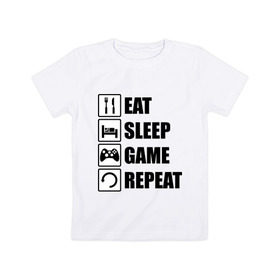Детская футболка хлопок с принтом Repeat в Белгороде, 100% хлопок | круглый вырез горловины, полуприлегающий силуэт, длина до линии бедер | Тематика изображения на принте: eat | game | repeat | sleep | еда | знаки | игры | перезагрузка | сон