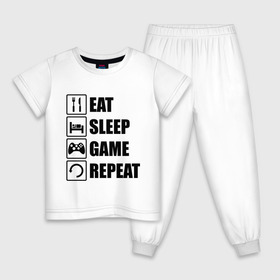 Детская пижама хлопок с принтом Repeat в Белгороде, 100% хлопок |  брюки и футболка прямого кроя, без карманов, на брюках мягкая резинка на поясе и по низу штанин
 | Тематика изображения на принте: eat | game | repeat | sleep | еда | знаки | игры | перезагрузка | сон