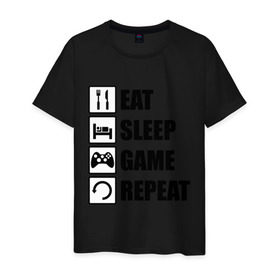 Мужская футболка хлопок с принтом Repeat в Белгороде, 100% хлопок | прямой крой, круглый вырез горловины, длина до линии бедер, слегка спущенное плечо. | eat | game | repeat | sleep | еда | знаки | игры | перезагрузка | сон