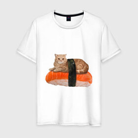 Мужская футболка хлопок с принтом Котосуши в Белгороде, 100% хлопок | прямой крой, круглый вырез горловины, длина до линии бедер, слегка спущенное плечо. | киса | кот | котосуши | рис | суши еда