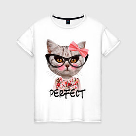 Женская футболка хлопок с принтом Perfect в Белгороде, 100% хлопок | прямой крой, круглый вырез горловины, длина до линии бедер, слегка спущенное плечо | perfect | бантик | животное | киса | кот | очки