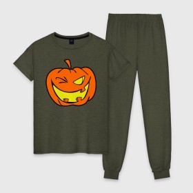 Женская пижама хлопок с принтом Подмигивающая тыква в Белгороде, 100% хлопок | брюки и футболка прямого кроя, без карманов, на брюках мягкая резинка на поясе и по низу штанин | halloween | тыква | хэллоуин
