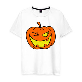 Мужская футболка хлопок с принтом Подмигивающая тыква в Белгороде, 100% хлопок | прямой крой, круглый вырез горловины, длина до линии бедер, слегка спущенное плечо. | halloween | тыква | хэллоуин