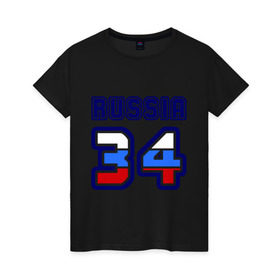Женская футболка хлопок с принтом Russia - 34 (Волгоградская область) в Белгороде, 100% хлопок | прямой крой, круглый вырез горловины, длина до линии бедер, слегка спущенное плечо | Тематика изображения на принте: 34 | russia | волгоград | номер | регион | россия