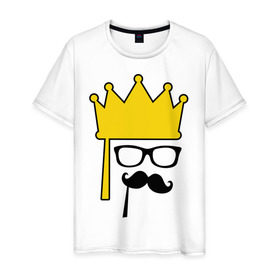 Мужская футболка хлопок с принтом Мужская корона и очки в Белгороде, 100% хлопок | прямой крой, круглый вырез горловины, длина до линии бедер, слегка спущенное плечо. | король | корона | очки | усы