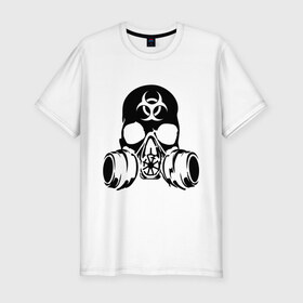 Мужская футболка премиум с принтом Радиоактивность в Белгороде, 92% хлопок, 8% лайкра | приталенный силуэт, круглый вырез ворота, длина до линии бедра, короткий рукав | Тематика изображения на принте: биологическая угроза | противогаз | радиация | респиратор | череп